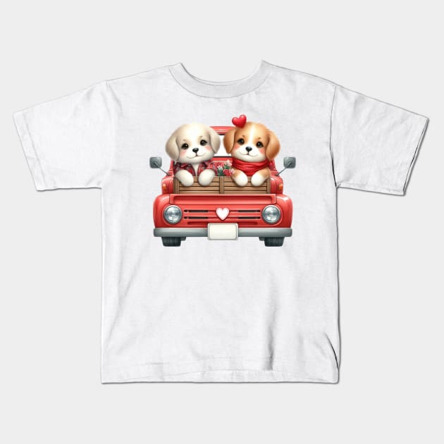 Valentine Dog Couple Sitting On Truck Kids T-Shirt by Chromatic Fusion Studio